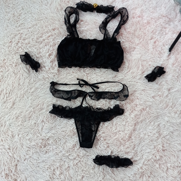 Frilly sexy bat print accent 6 piece gothic lingerie set! Lacy mesh boutique bat - Picture 13 of 16